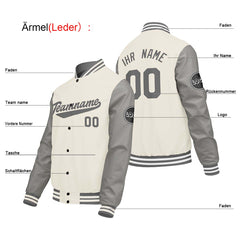 Maßgeschneiderte Creme Weiß Hellgrau Letterman Varsity Jacket Individuelle Stickerei Druck nach Ihrem Wunsch