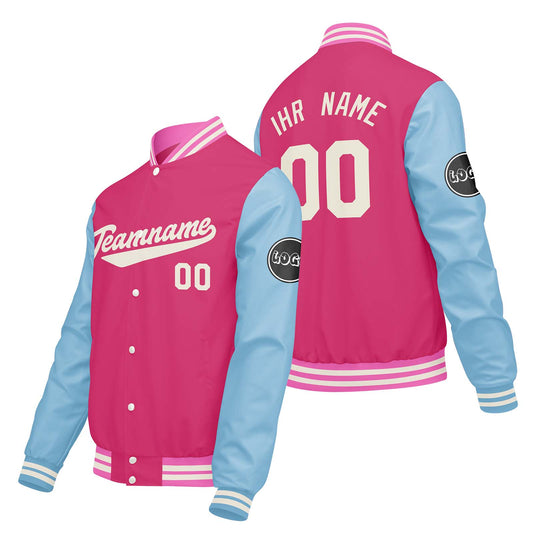 Maßgeschneiderte Rosa Hellblau Letterman Varsity Jacket Individuelle Stickerei Druck nach Ihrem Wunsch
