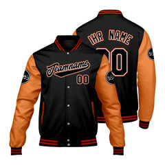 Maßgeschneiderte Schwarz Orange Letterman Varsity Jacket Individuelle Stickerei Druck nach Ihrem Wunsch