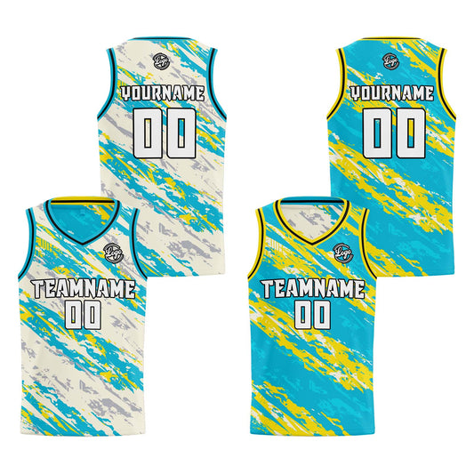 Benutzerdefinierte Creme Hellblau Reversible Basketball Jersey Personalisierte Print Name Nummer Logo
