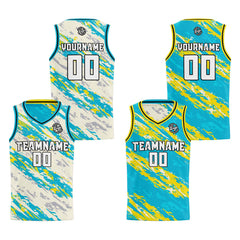 Benutzerdefinierte Creme Hellblau Reversible Basketball Jersey Personalisierte Print Name Nummer Logo