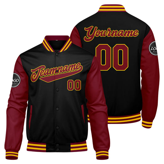 Benutzerdefinierte Verlauf Varsity-Jacke. Letterman-Jacke Karminrot Schwarz Gelb