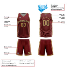 Benutzerdefinierte Wein Gold Reversible Basketball Jersey Personalisierte Print Name Nummer Logo