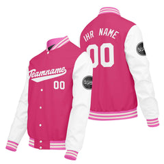 Maßgeschneiderte Rosa Weiß Letterman Varsity Jacket Individuelle Stickerei Druck nach Ihrem Wunsch