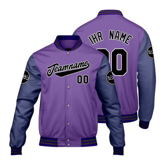 Maßgeschneiderte Lila Letterman Varsity Jacket Individuelle Stickerei Druck nach Ihrem Wunsch