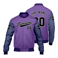 Maßgeschneiderte Lila Letterman Varsity Jacket Individuelle Stickerei Druck nach Ihrem Wunsch