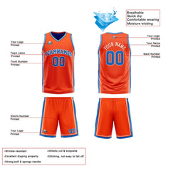 Benutzerdefinierte Orange Blau Weiß Reversible Basketball Jersey Personalisierte Print Name Nummer Logo