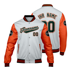 Maßgeschneiderte Hellgrau Orange Letterman Varsity Jacket Individuelle Stickerei Druck nach Ihrem Wunsch