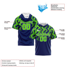 Benutzerdefinierte Marineblau Neongrün Kurzarm-Kapuzenpullover für Männer Frauen Hemden mit Kapuzen gedruckt Name Logo