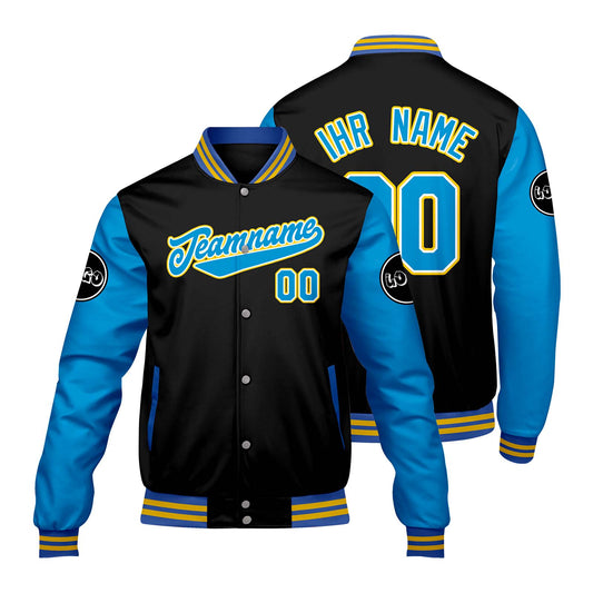 Maßgeschneiderte schwarz Blau Letterman Varsity Jacket Individuelle Stickerei Druck nach Ihrem Wunsch