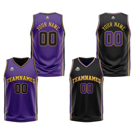 Benutzerdefinierte Lila Schwarz Gelb Reversible Basketball Jersey Personalisierte Print Name Nummer Logo