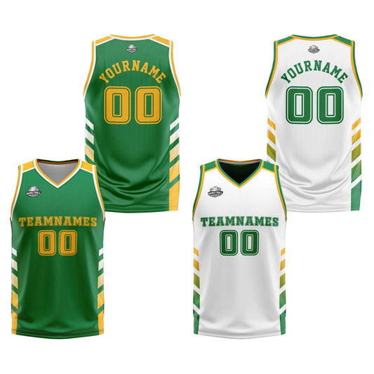 Benutzerdefinierte Grün Weiß Gelb Reversible Basketball Jersey Personalisierte Print Name Nummer Logo