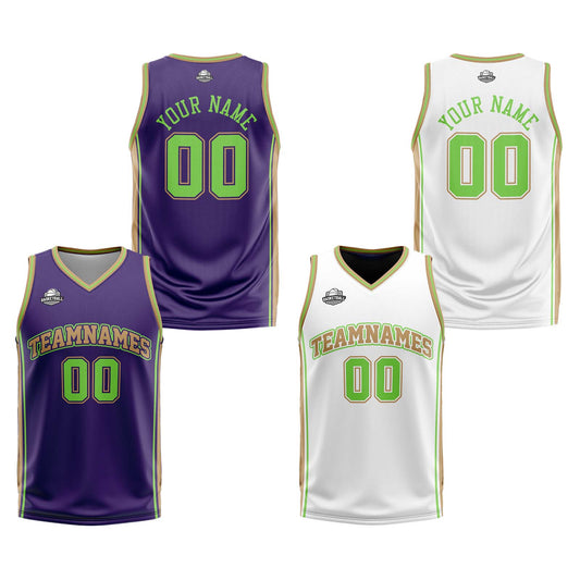 Benutzerdefinierte Lila Weißgold Neon Grün Reversible Basketball Jersey Personalisierte Print Name Nummer Logo