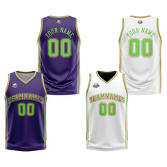Benutzerdefinierte Lila Weißgold Neon Grün Reversible Basketball Jersey Personalisierte Print Name Nummer Logo