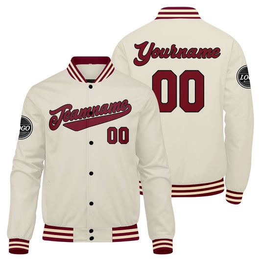 Benutzerdefinierte Verlauf Varsity-Jacke. Letterman-Jacke Karminrot Creme