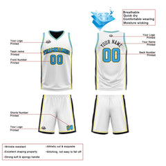 Benutzerdefinierte Weiß Schwarz Hellblau Reversible Basketball Jersey Personalisierte Print Name Nummer Logo