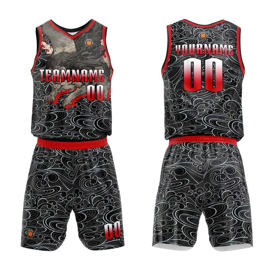 Benutzerdefinierter Schwarz Rot Basketball Jersey Uniform Anzug gedruckt Ihr Logo Name Nummer