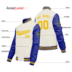 Maßgeschneiderte Creme Weiß Blau Letterman Varsity Jacket Individuelle Stickerei Druck nach Ihrem Wunsch
