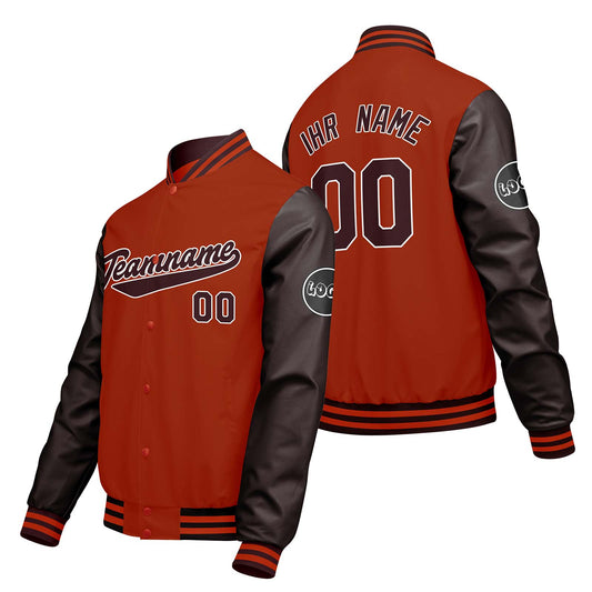 Maßgeschneiderte Orange Braun Letterman Varsity Jacket Individuelle Stickerei Druck nach Ihrem Wunsch