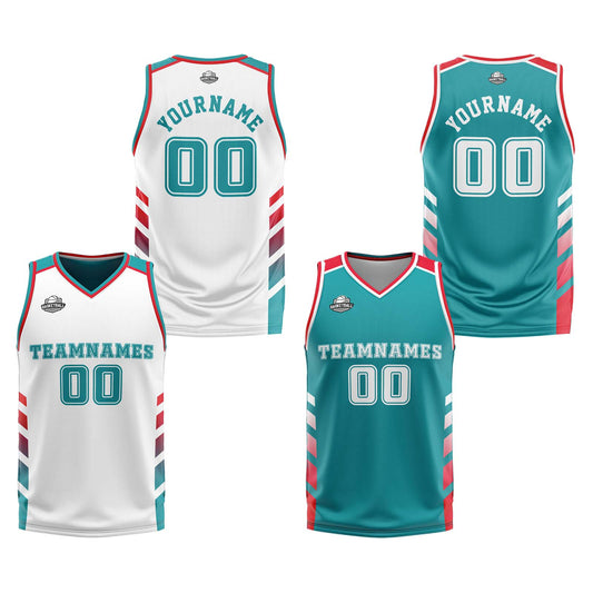 Benutzerdefinierte Weiß Türkis Rot Reversible Basketball Jersey Personalisierte Print Name Nummer Logo
