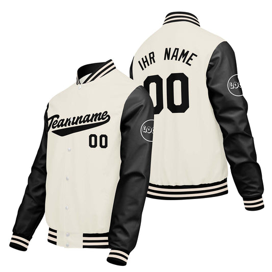 Maßgeschneiderte Creme Weiß Schwarz Letterman Varsity Jacket Individuelle Stickerei Druck nach Ihrem Wunsch
