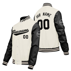 Maßgeschneiderte Creme Weiß Schwarz Letterman Varsity Jacket Individuelle Stickerei Druck nach Ihrem Wunsch