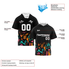 Benutzerdefinierte Schwarz Orange Kurzarm-Kapuzenpullover für Männer Frauen Hemden mit Kapuzen gedruckt Name Logo