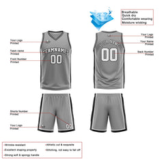 Benutzerdefinierte Grau Weiß Schwarz Reversible Basketball Jersey Personalisierte Print Name Nummer Logo