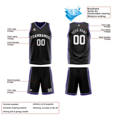 Benutzerdefinierte Schwarz Lila Weiß Reversible Basketball Jersey Personalisierte Print Name Nummer Logo