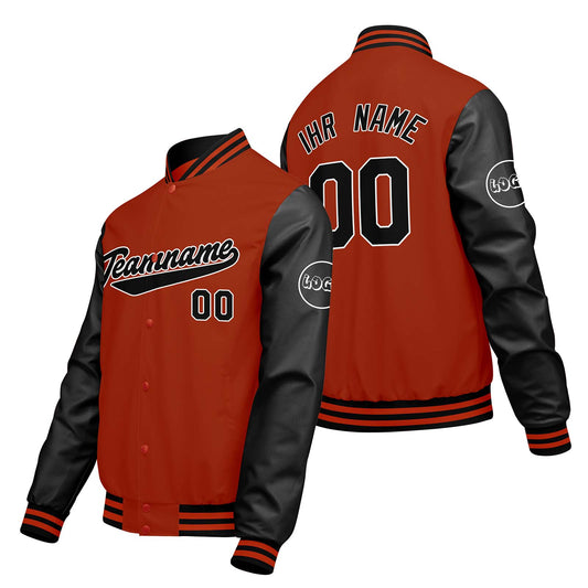 Maßgeschneiderte Orange Schwarz Letterman Varsity Jacket Individuelle Stickerei Druck nach Ihrem Wunsch