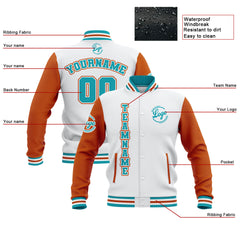 Benutzerdefiniert Weiß Orange Teal Wasserdichte Varsity Jacken Personalisiert genäht Name Nummer Logo zu Letterman Jacken