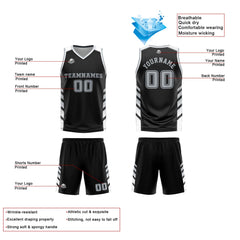 Benutzerdefinierte Schwarz Weiß Grau Reversible Basketball Jersey Personalisierte Print Name Nummer Logo