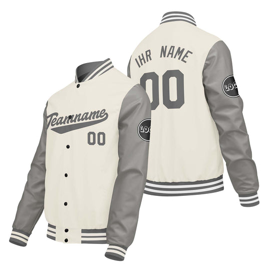 Maßgeschneiderte Creme Weiß Hellgrau Letterman Varsity Jacket Individuelle Stickerei Druck nach Ihrem Wunsch