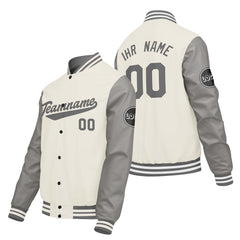 Maßgeschneiderte Creme Weiß Hellgrau Letterman Varsity Jacket Individuelle Stickerei Druck nach Ihrem Wunsch