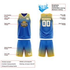Benutzerdefinierte Blau Gelb Weiß Reversible Basketball Jersey Personalisierte Print Name Nummer Logo
