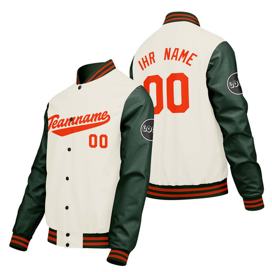 Maßgeschneiderte Creme Weiß Grün Letterman Varsity Jacket Individuelle Stickerei Druck nach Ihrem Wunsch