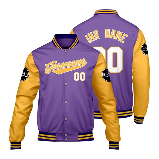 Maßgeschneiderte Lila Gelb Letterman Varsity Jacket Individuelle Stickerei Druck nach Ihrem Wunsch