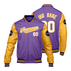 Maßgeschneiderte Lila Gelb Letterman Varsity Jacket Individuelle Stickerei Druck nach Ihrem Wunsch