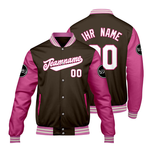 Maßgeschneiderte Braun Rosa Letterman Varsity Jacket Individuelle Stickerei Druck nach Ihrem Wunsch