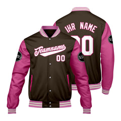 Maßgeschneiderte Braun Rosa Letterman Varsity Jacket Individuelle Stickerei Druck nach Ihrem Wunsch
