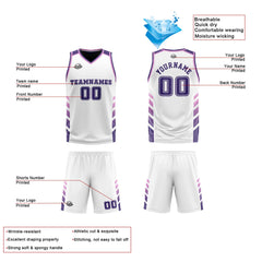 Benutzerdefinierte Weiß Violett Rosa Reversible Basketball Jersey Personalisierte Print Name Nummer Logo