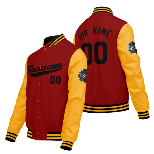 Maßgeschneiderte Gelb Rot Letterman Varsity Jacket Individuelle Stickerei Druck nach Ihrem Wunsch
