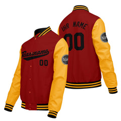 Maßgeschneiderte Gelb Rot Letterman Varsity Jacket Individuelle Stickerei Druck nach Ihrem Wunsch
