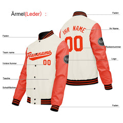 Maßgeschneiderte Creme Weiß Orange Letterman Varsity Jacket Individuelle Stickerei Druck nach Ihrem Wunsch