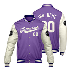 Maßgeschneiderte Lila Creme Weiß Letterman Varsity Jacket Individuelle Stickerei Druck nach Ihrem Wunsch