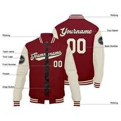 Benutzerdefinierte Verlauf Varsity-Jacke. Letterman-Jacke Karminrot Creme