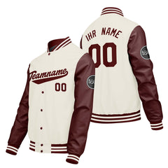 Maßgeschneiderte Creme Weiß Rot Letterman Varsity Jacket Individuelle Stickerei Druck nach Ihrem Wunsch