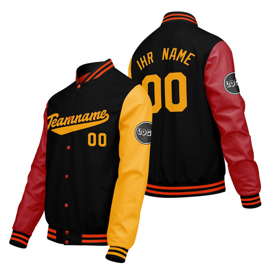 Maßgeschneiderte Schwarz Rot Letterman Varsity Jacket Individuelle Stickerei Druck nach Ihrem Wunsch