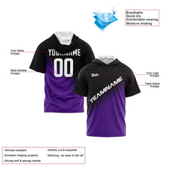 Benutzerdefinierte Schwarz Lila Kurzarm-Kapuzenpullover für Männer Frauen Hemden mit Kapuzen gedruckt Name Logo