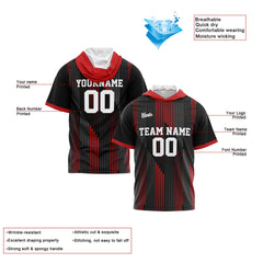 Benutzerdefinierte Schwarz Rot Kurzarm-Kapuzenpullover für Männer Frauen Hemden mit Kapuzen gedruckt Name Logo